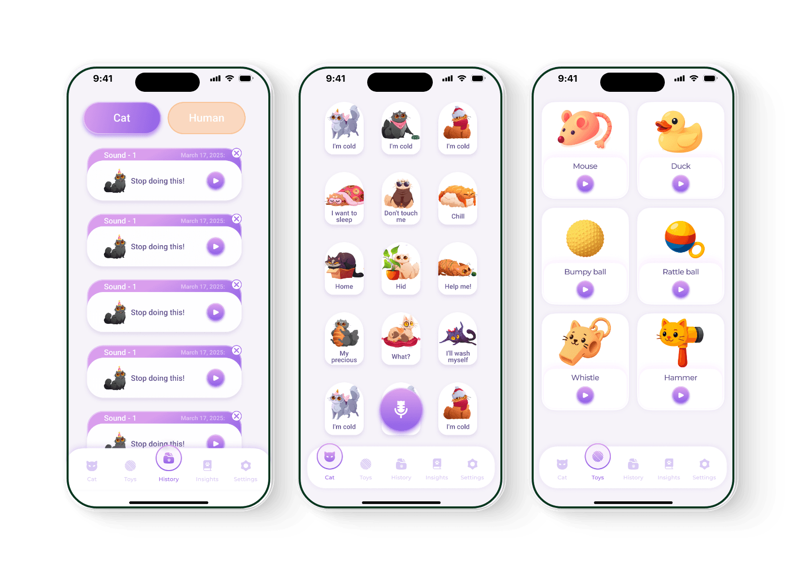 Three phones showing saved translations, the mood library and the sound toys screen