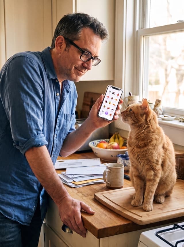 Tomasz holding his phone up to a ginger cat on the kitchen counter